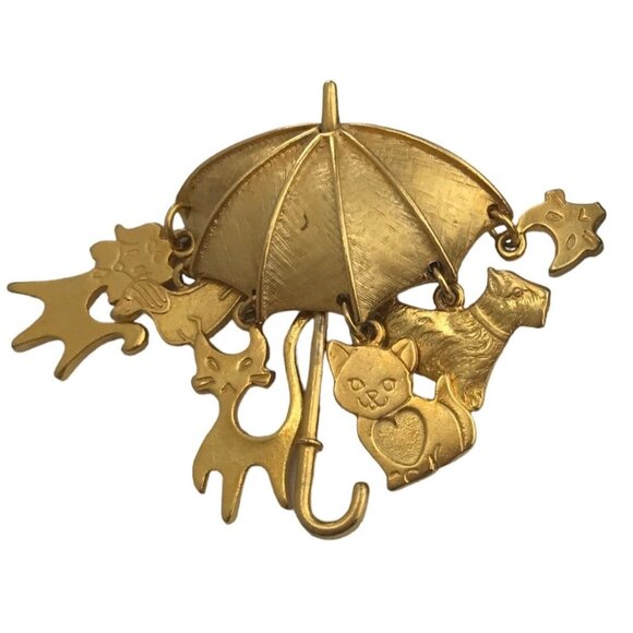 Gold Tone Umbrella Raining Cats And Dogs Dangling Charm BroochM71